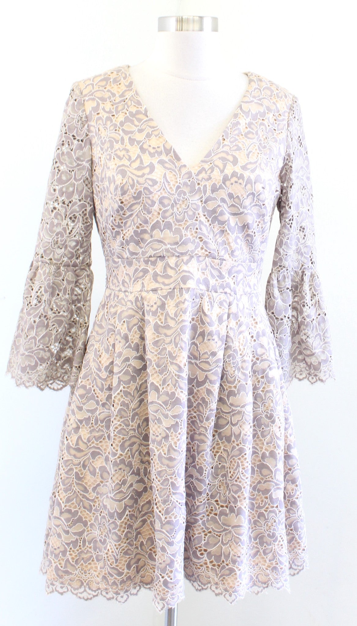 Eliza J Gray Tan Floral Lace Fit and Flare Bell Sleeve Dress Sz 4 Cocktail Party