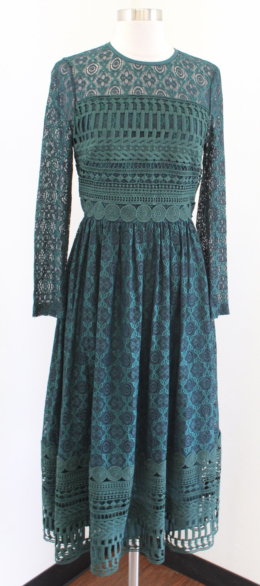 NWT Asos Tall Forest Green Ornate Lace Midi Skater Dress Size 4 A Line Flared