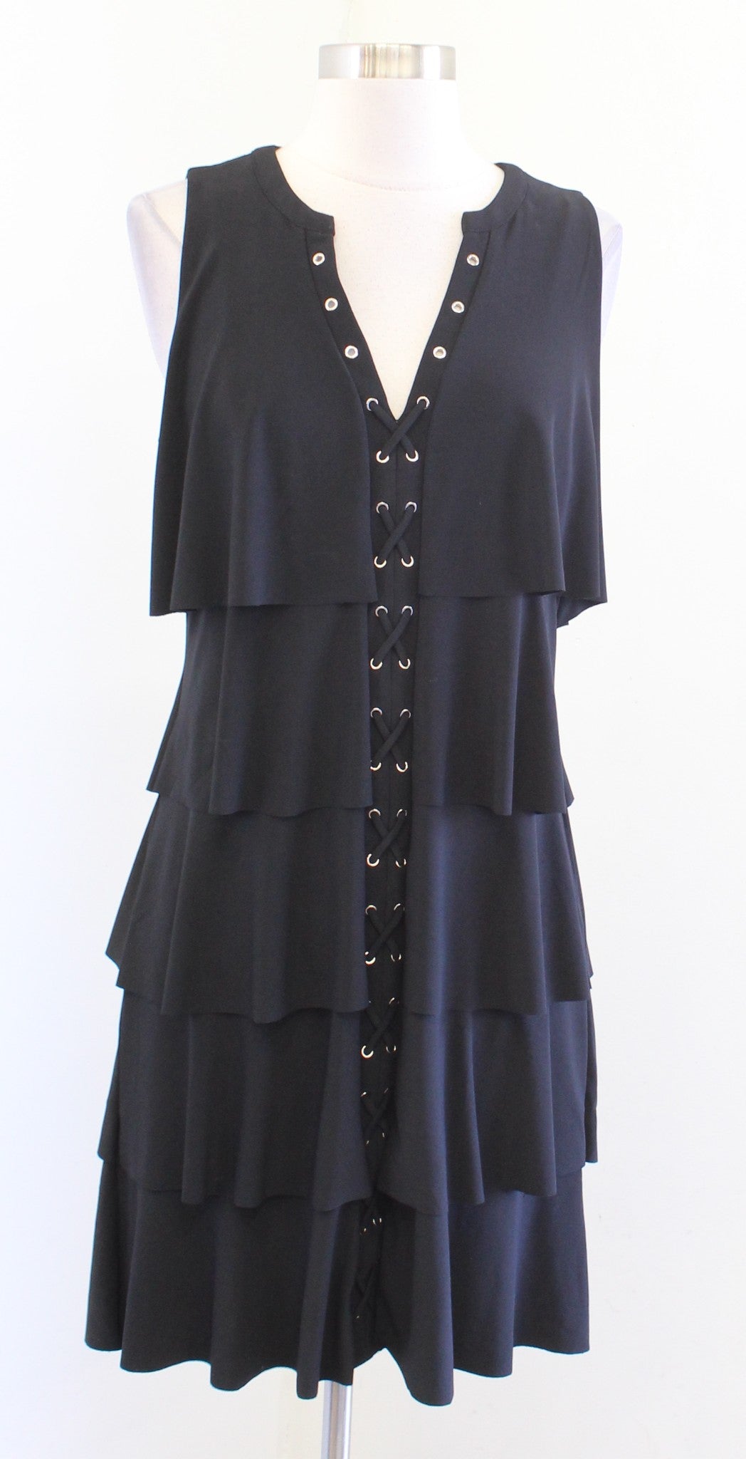 White House Black Market Black Gold Grommet Lace Up Ruffle Tiered Dress Size S