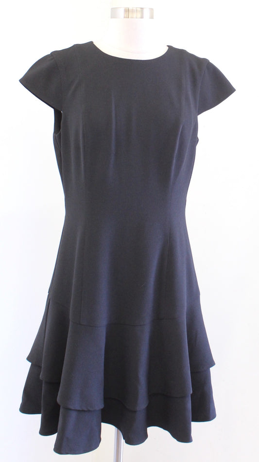 Eliza J Solid Black Ruffle Tiered Drop Waist Crepe Dress Size 8 Cocktail LBD