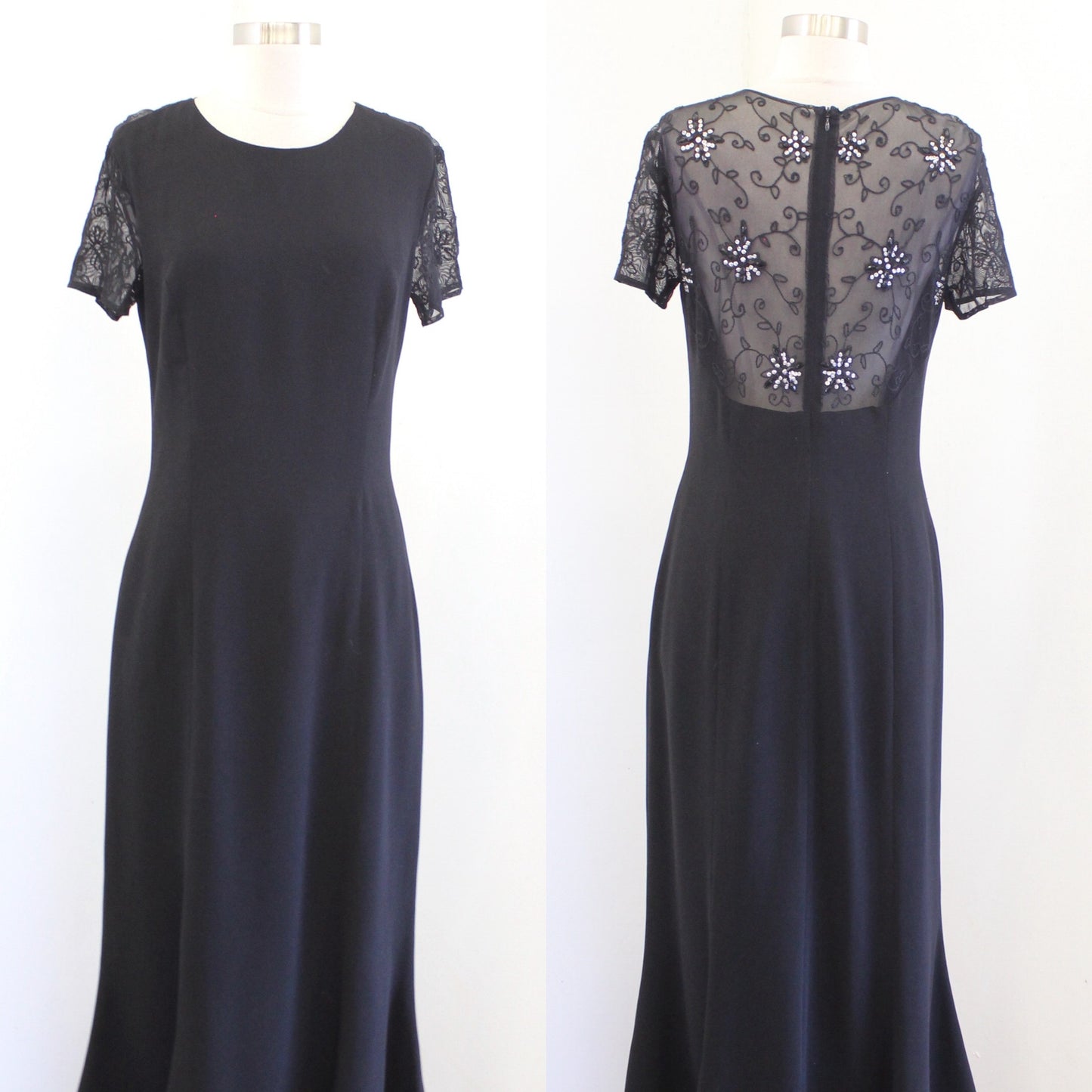 Vtg Victoria Royal Black Fluted Hem Mesh Open Back Embroidered Evening Dress 10