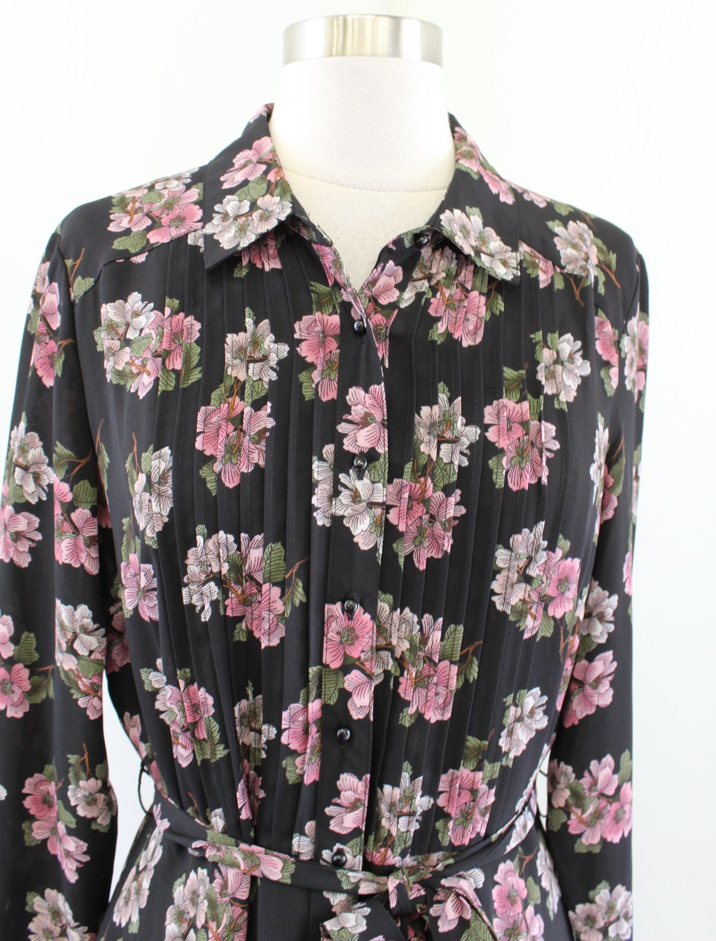 Nanette Lepore Black Pink Floral Button Front Pintuck Shirt Dress Size 8 A Line