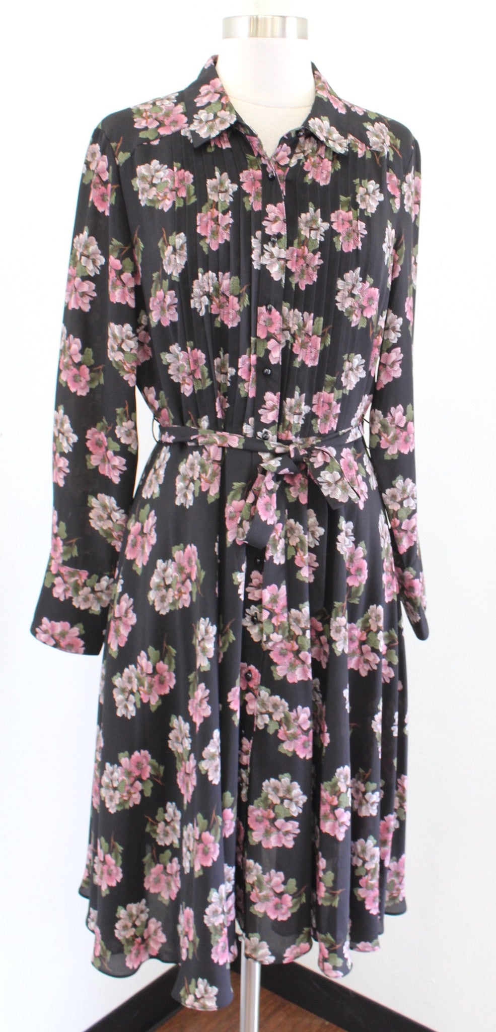 Nanette Lepore Black Pink Floral Button Front Pintuck Shirt Dress Size 8 A Line