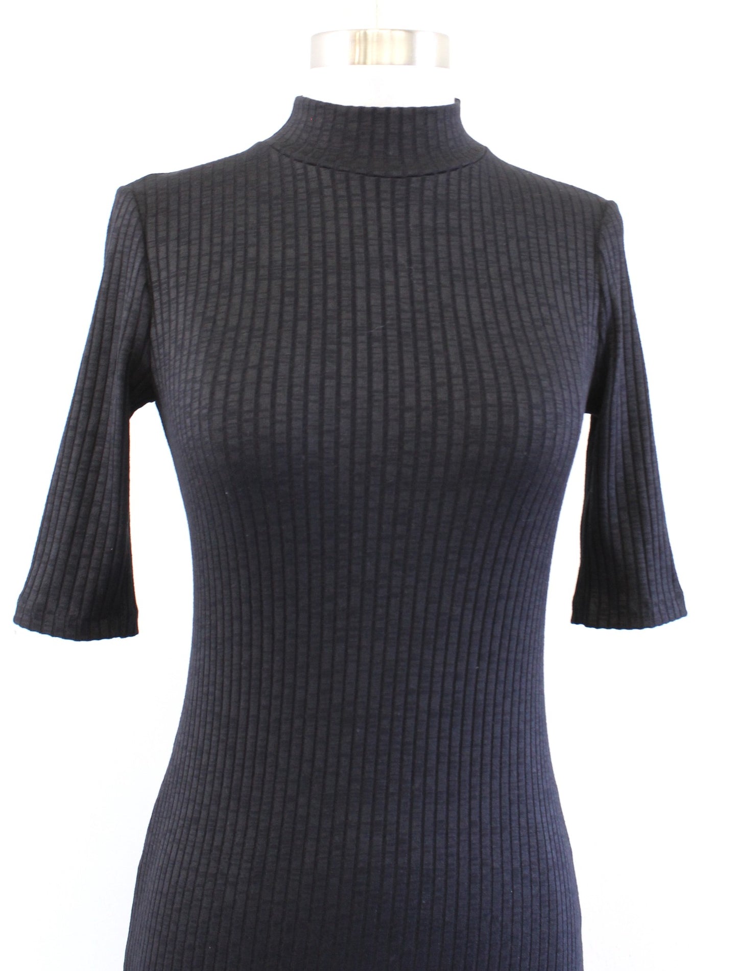 Massimo Dutti Black Ribbed Knit Mock Neck Bodycon Fitted Midi Dress Size S