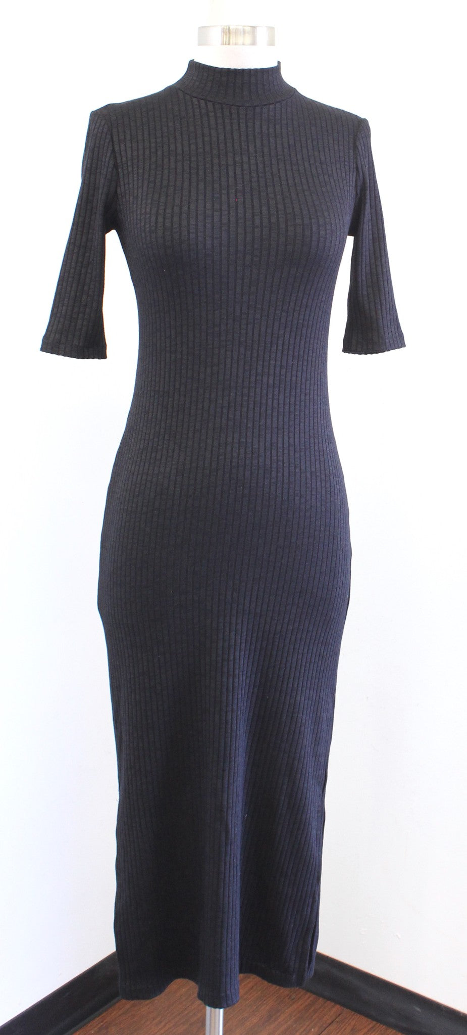 Massimo Dutti Black Ribbed Knit Mock Neck Bodycon Fitted Midi Dress Size S
