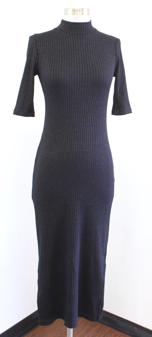 Massimo Dutti Black Ribbed Knit Mock Neck Bodycon Fitted Midi Dress Size S