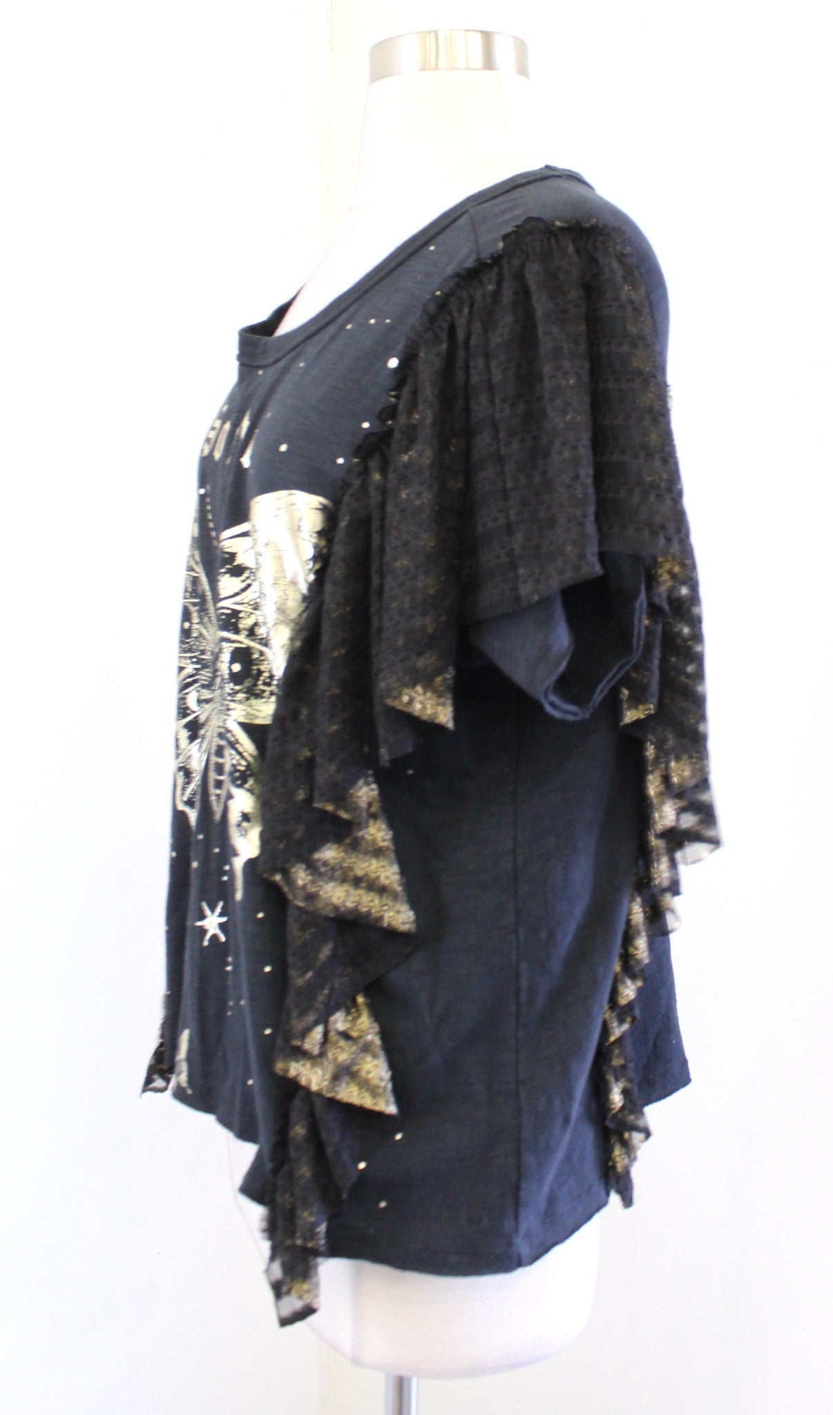 Pilcro Anthropologie Golden Hour Tee Black Gold Butterfly Ruffle T Shirt Size S