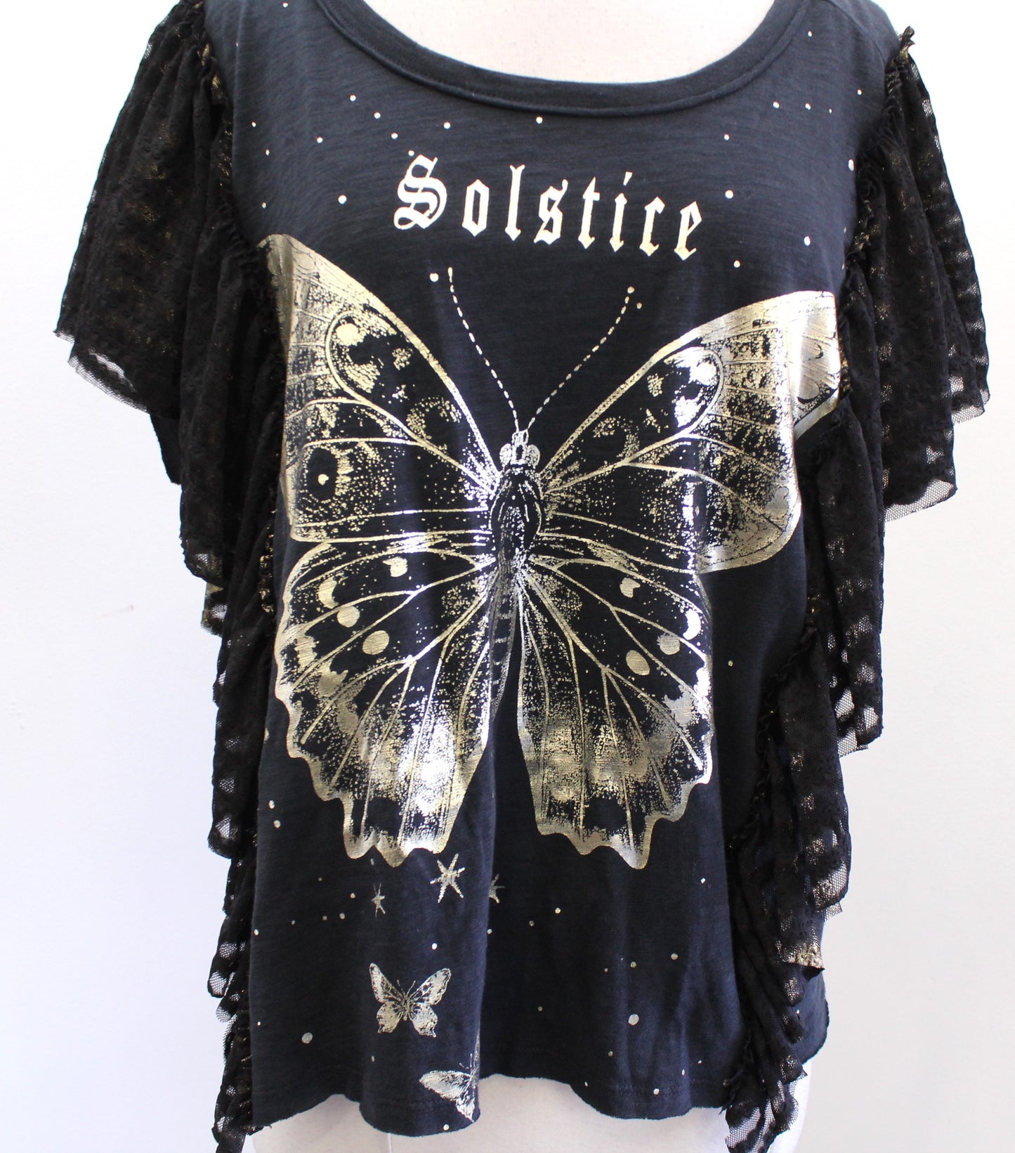 Pilcro Anthropologie Golden Hour Tee Black Gold Butterfly Ruffle T Shirt Size S