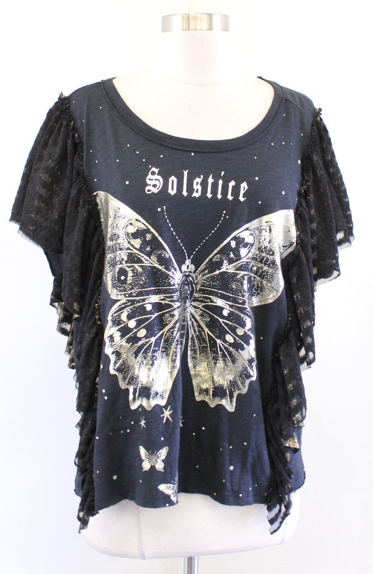 Pilcro Anthropologie Golden Hour Tee Black Gold Butterfly Ruffle T Shirt Size S