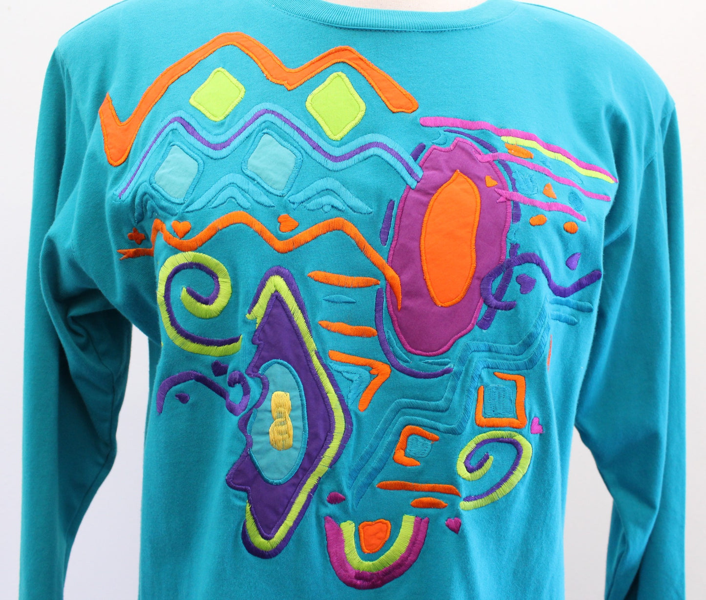 Vtg 90s Teal Blue Geometric Embroidered Tee T Shirt Size XS IB Diffusion Retro