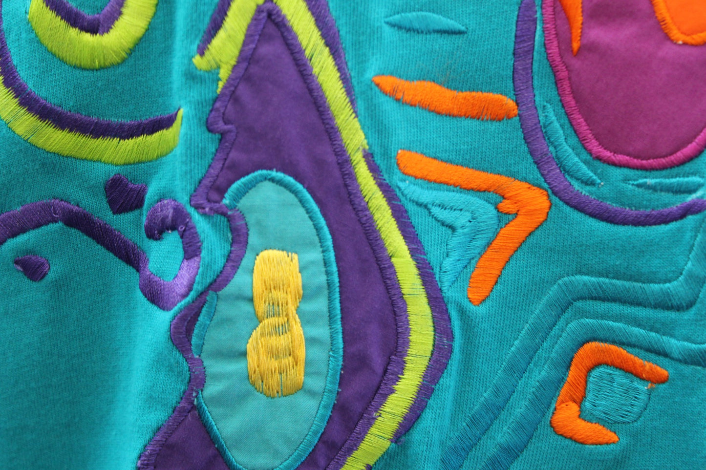 Vtg 90s Teal Blue Geometric Embroidered Tee T Shirt Size XS IB Diffusion Retro