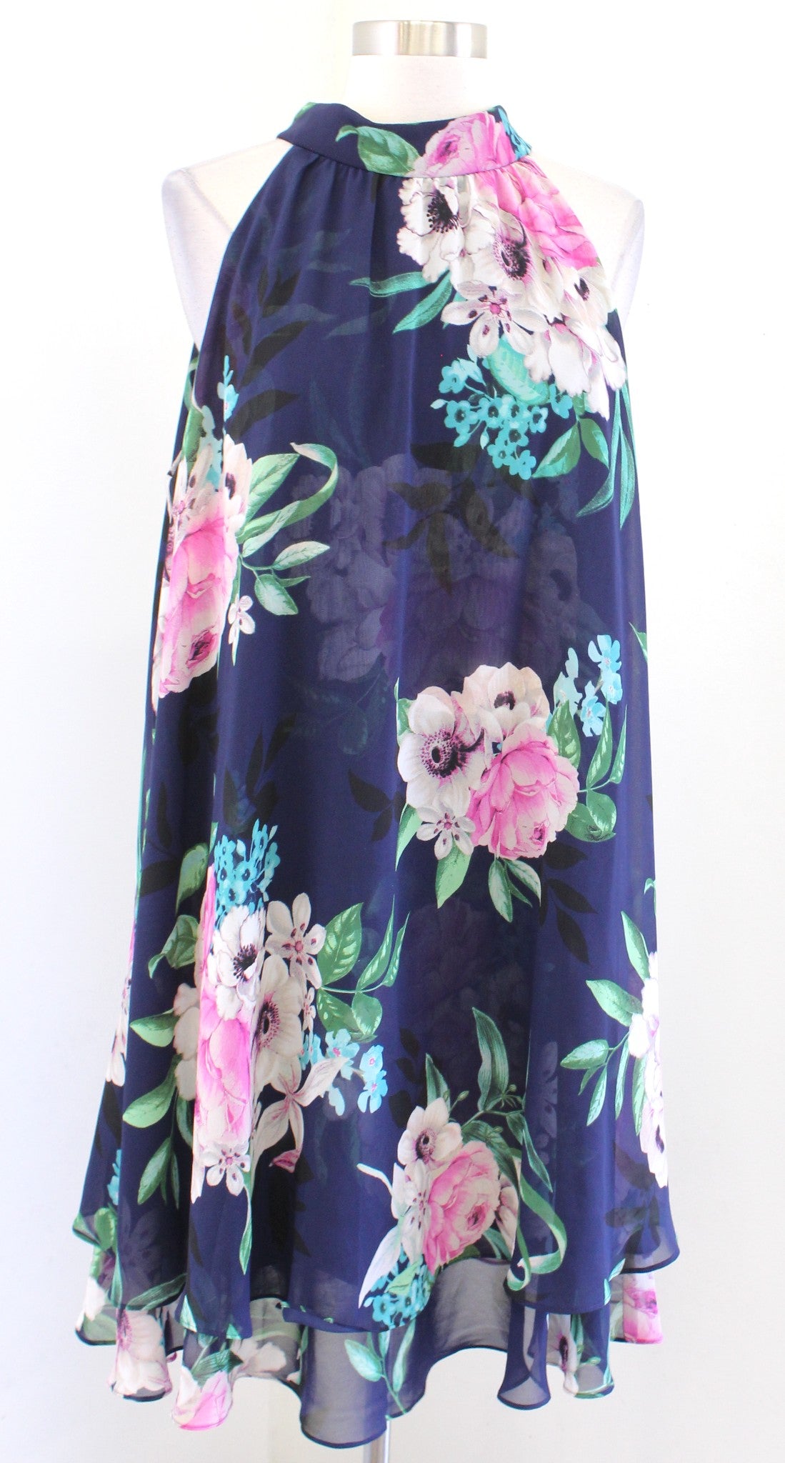 Eliza J Navy Blue Floral Print Tiered Chiffon Halter Swing Shift Dress Size 14