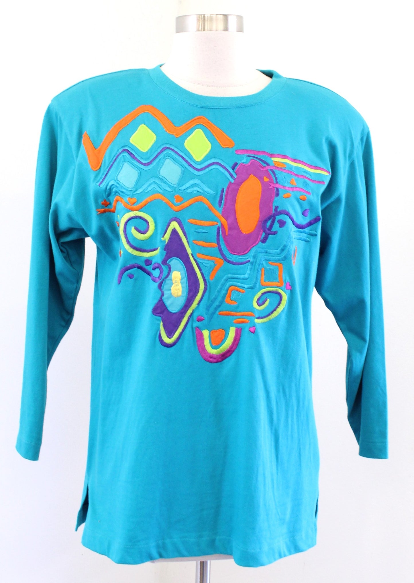 Vtg 90s Teal Blue Geometric Embroidered Tee T Shirt Size XS IB Diffusion Retro