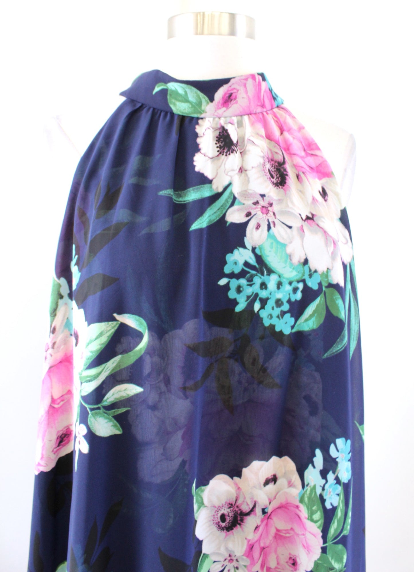 Eliza J Navy Blue Floral Print Tiered Chiffon Halter Swing Shift Dress Size 14