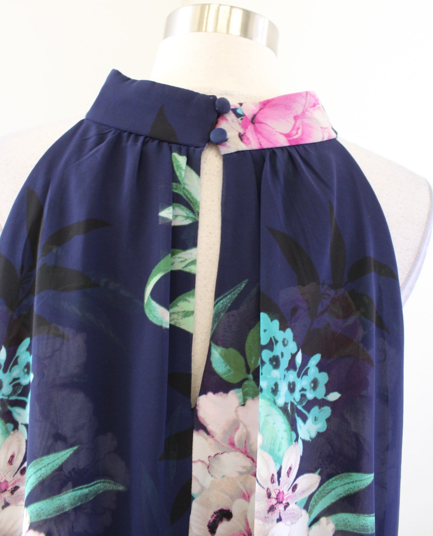 Eliza J Navy Blue Floral Print Tiered Chiffon Halter Swing Shift Dress Size 14