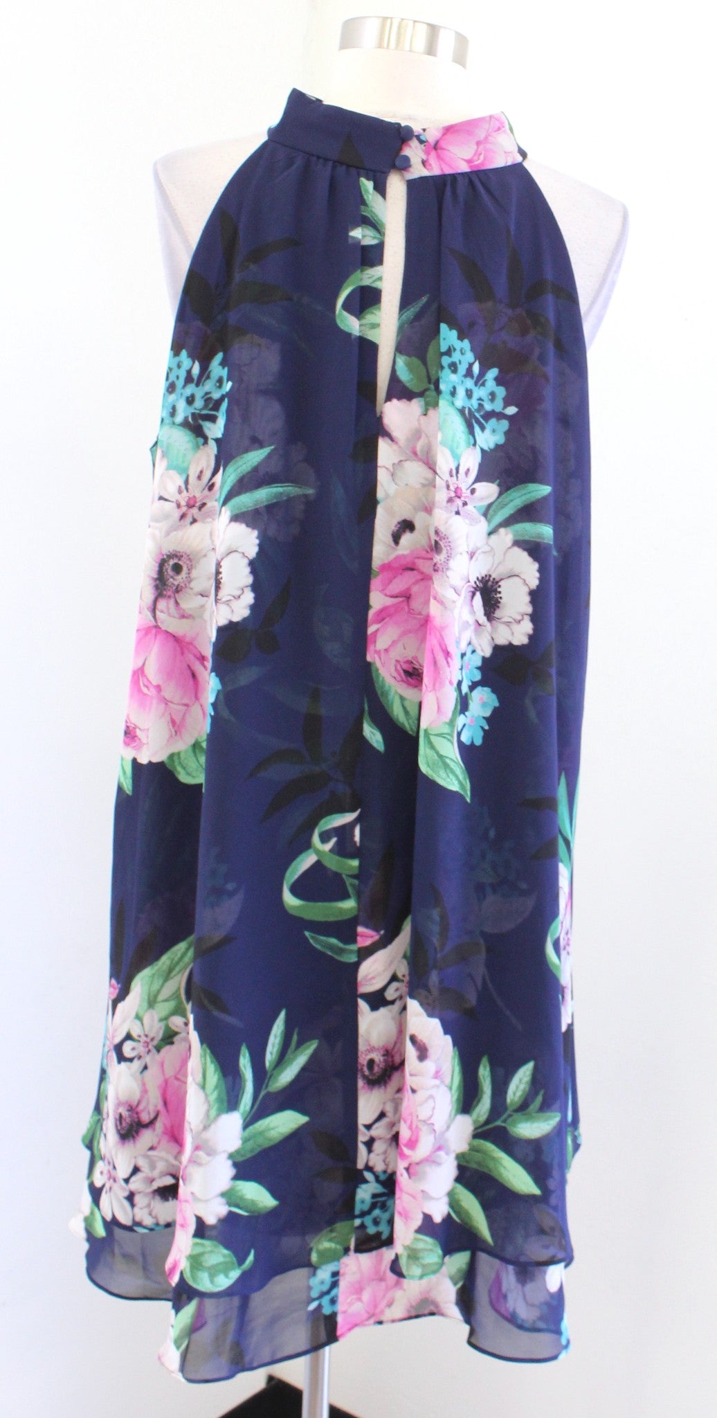 Eliza J Navy Blue Floral Print Tiered Chiffon Halter Swing Shift Dress Size 14