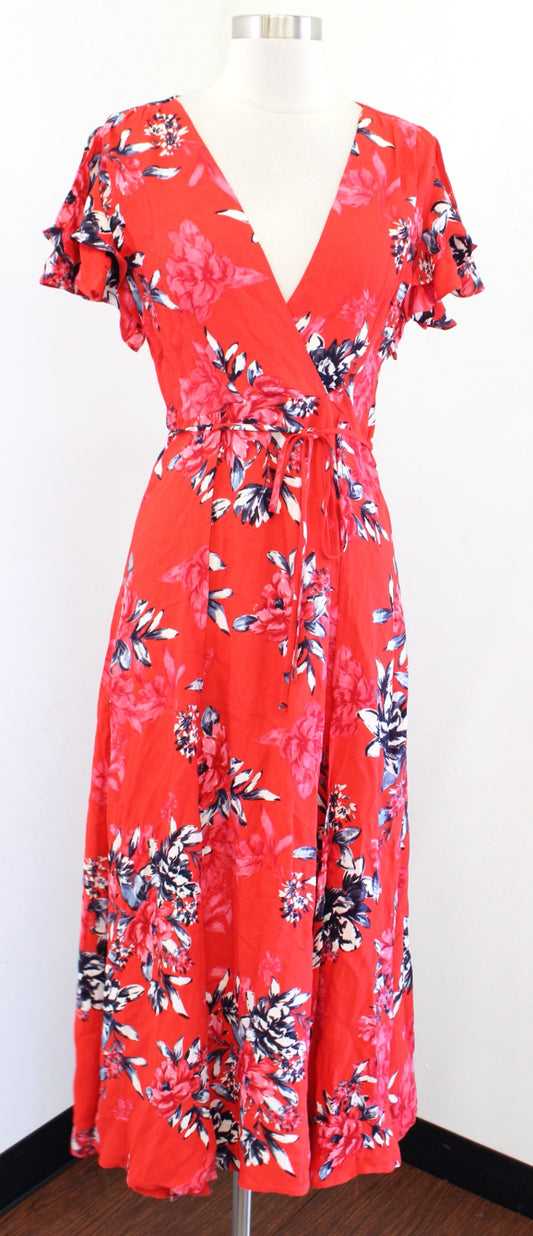 French Connection Coletta Red Floral Print Tie Waist Maxi Dress Size 4 V Neck