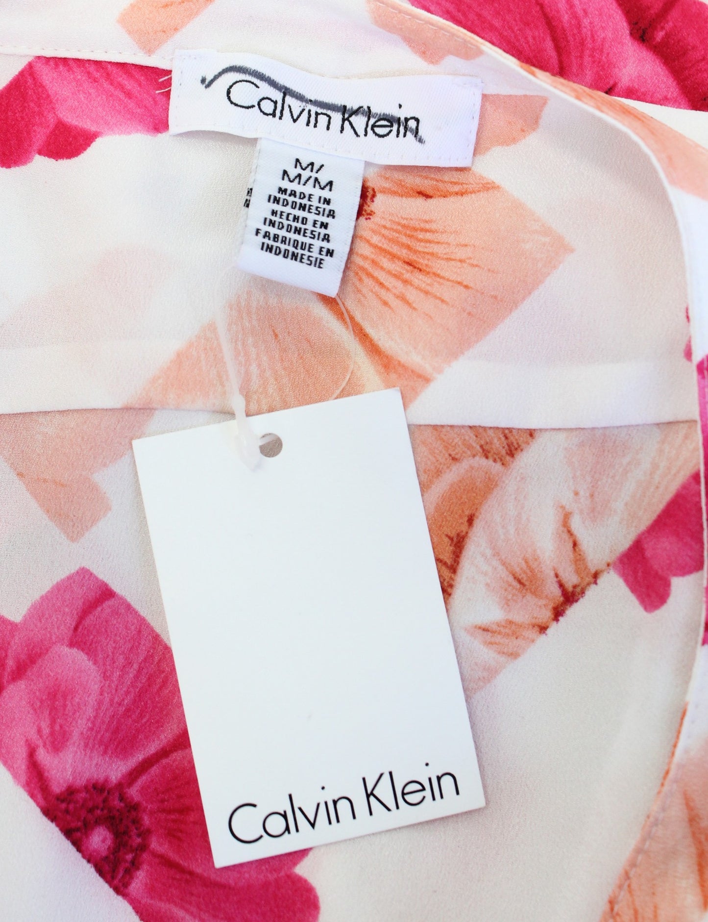 NWT Calvin Klein White Pink Peach Geo Floral Button Front Blouse Shirt Size M