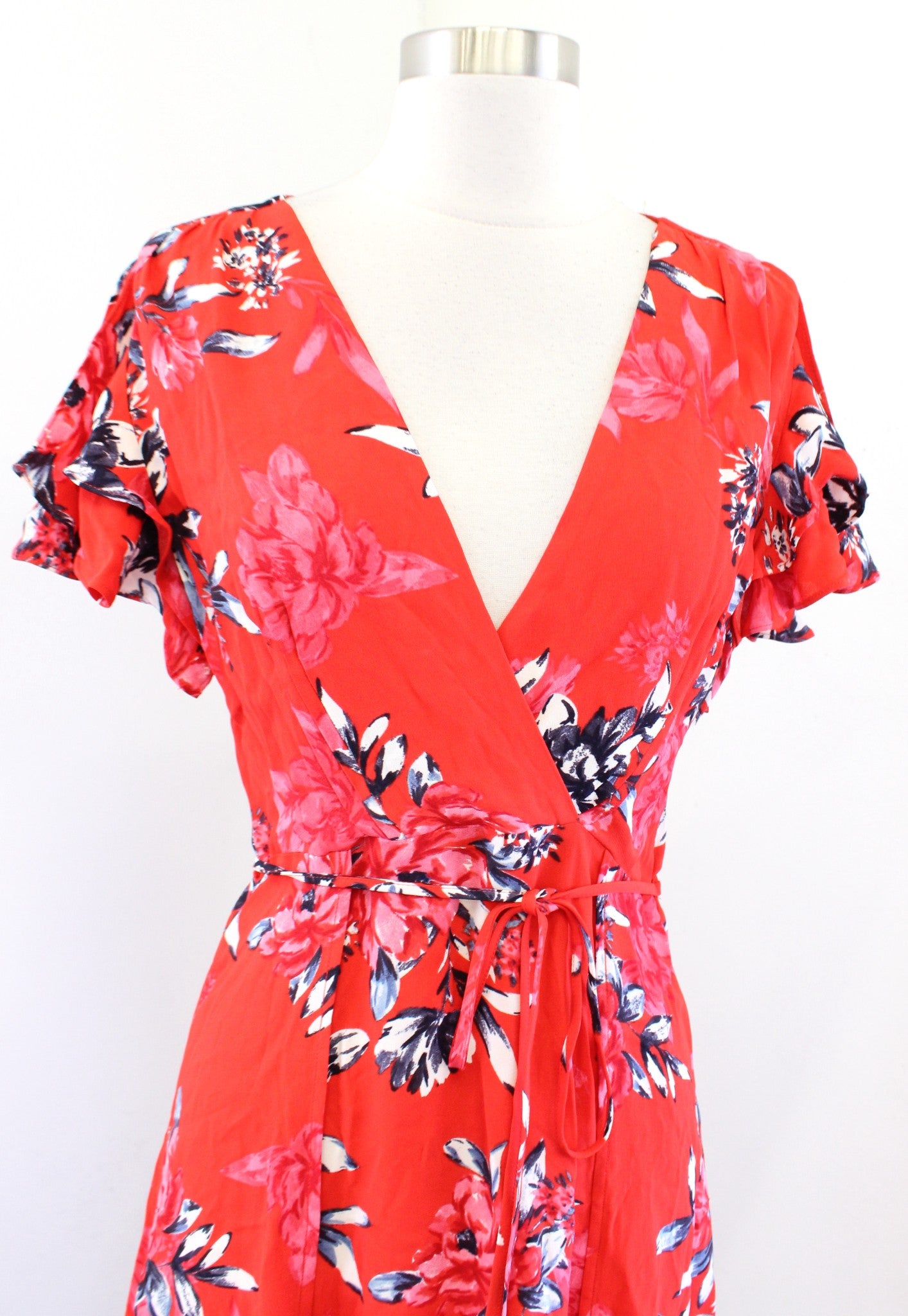 French Connection Coletta Red Floral Print Tie Waist Maxi Dress Size 4 V Neck