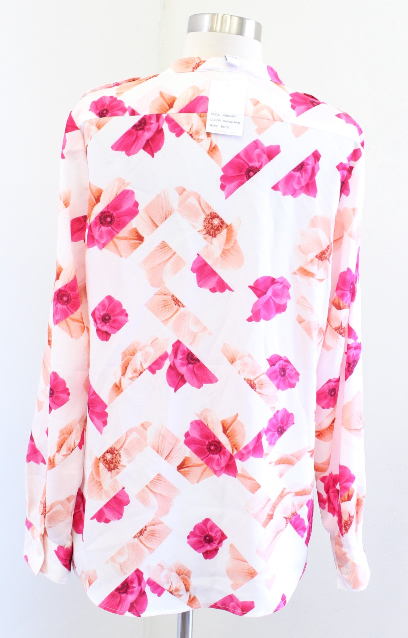 NWT Calvin Klein White Pink Peach Geo Floral Button Front Blouse Shirt Size M