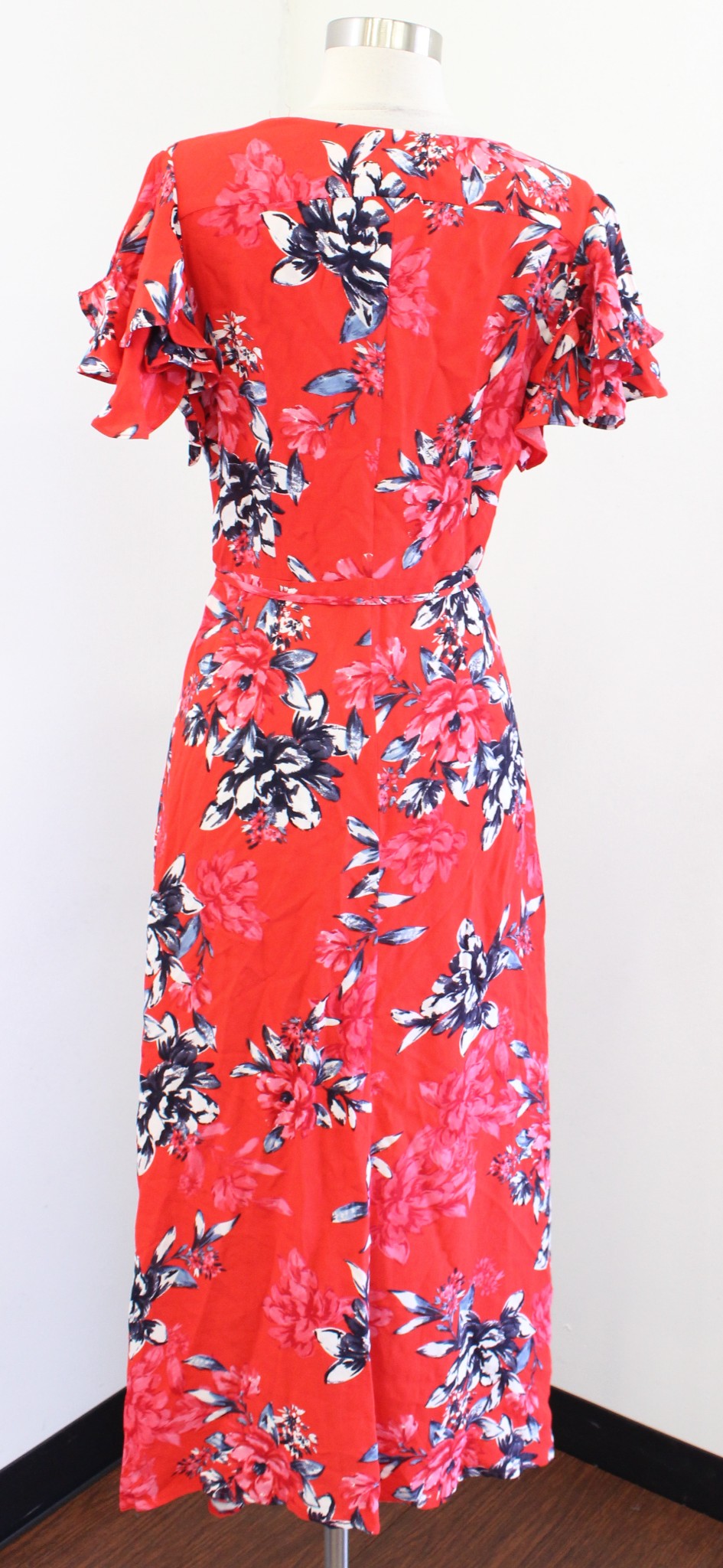 French Connection Coletta Red Floral Print Tie Waist Maxi Dress Size 4 V Neck