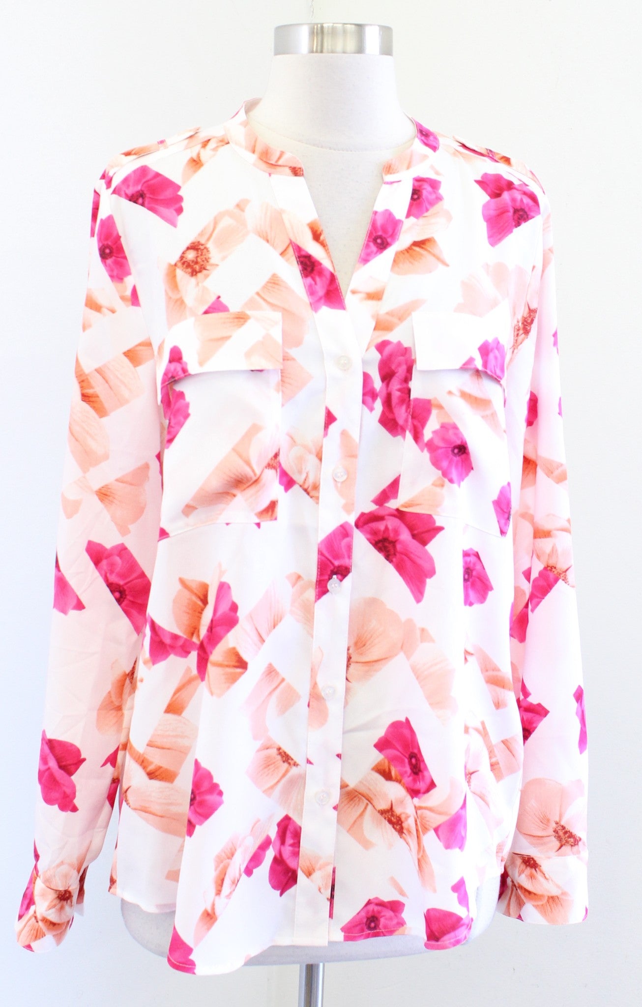 NWT Calvin Klein White Pink Peach Geo Floral Button Front Blouse Shirt Size M