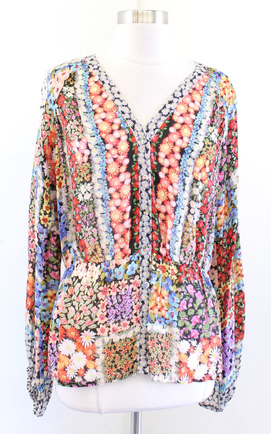 Johnny Was Fawn Patch Floral Button Front Blouse Top Size S Long Sleeve Multi