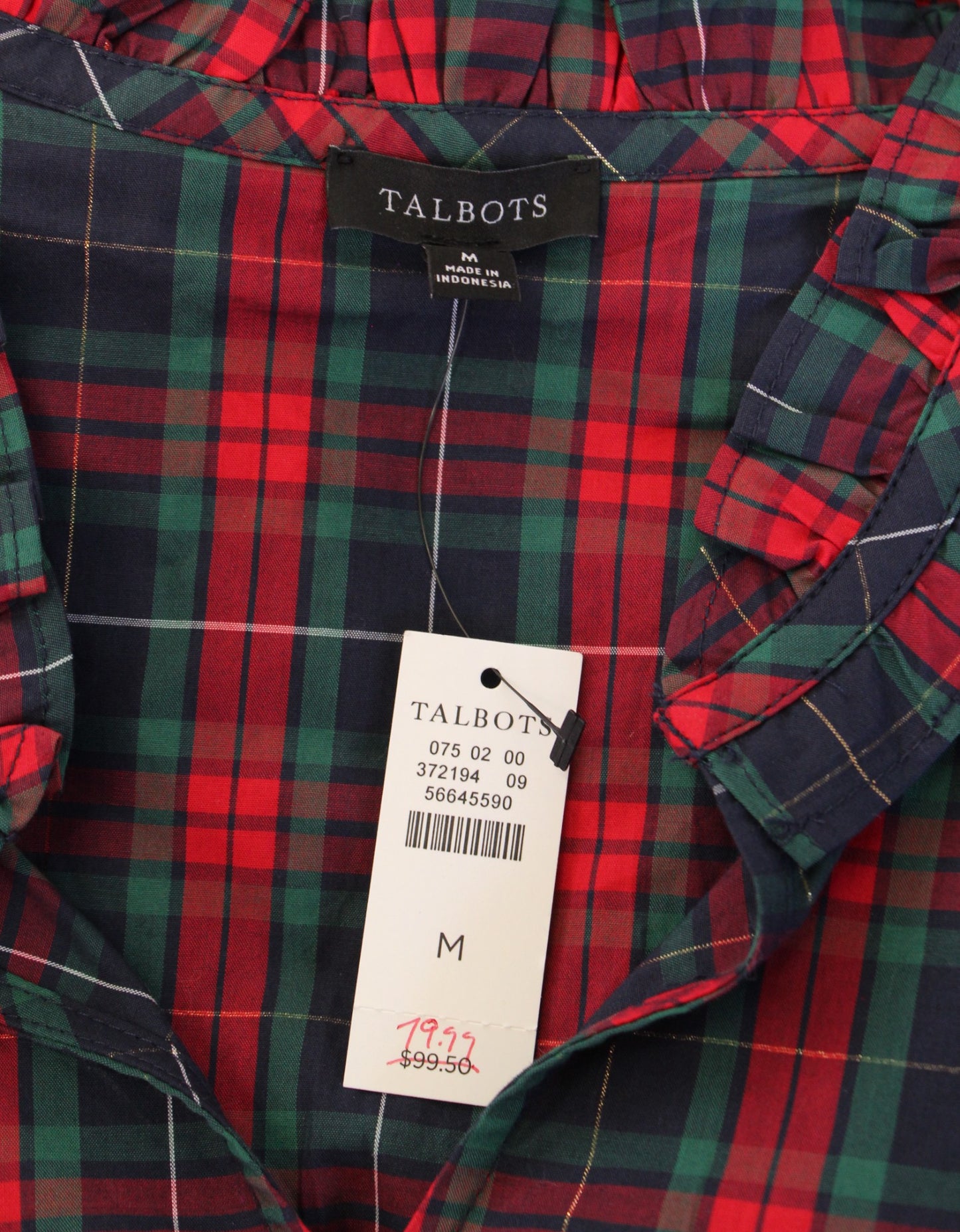 NWT Talbots Ruffle Neck Magic Plaid Tunic Top Blouse Size M Red Green Gold