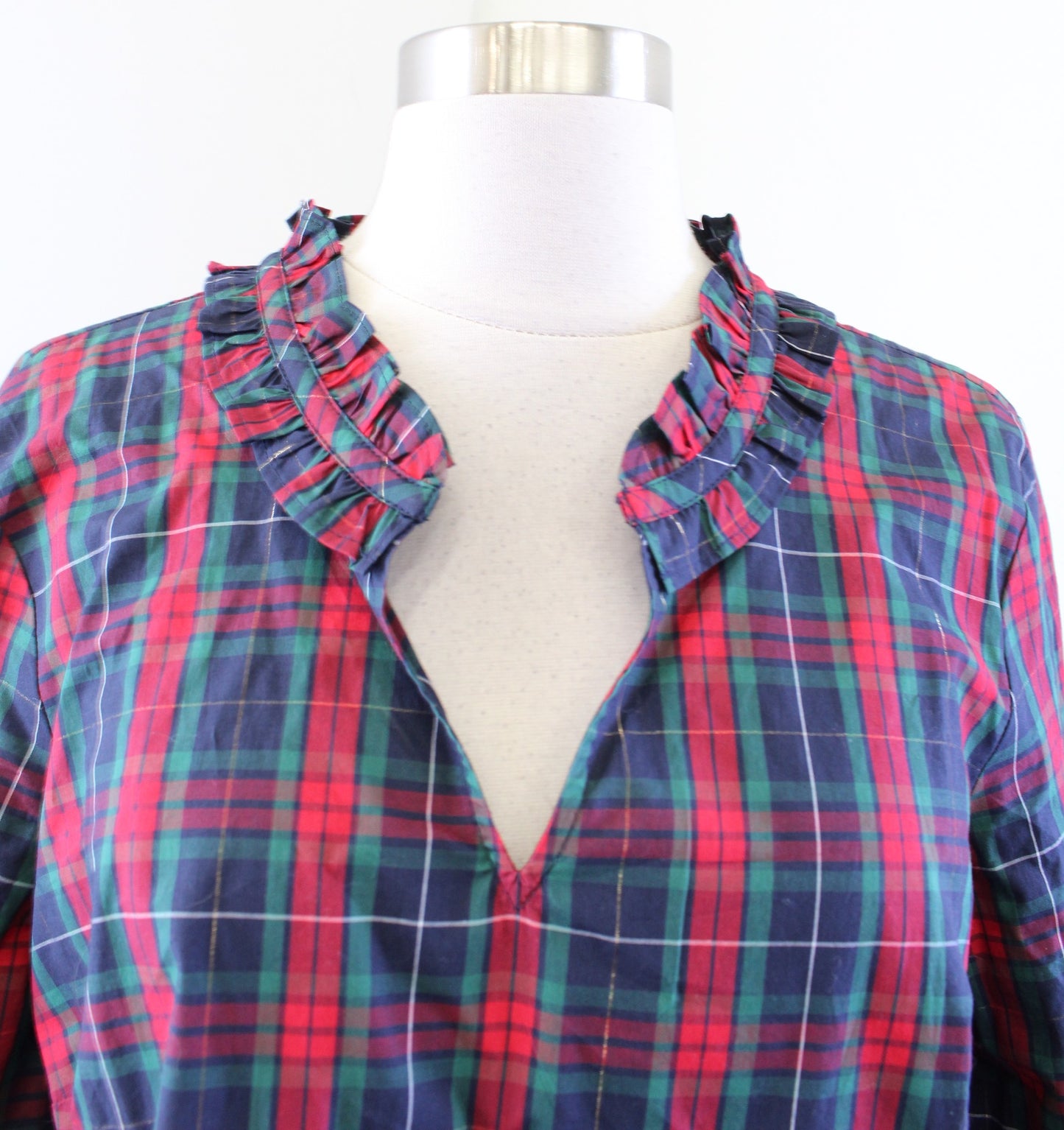 NWT Talbots Ruffle Neck Magic Plaid Tunic Top Blouse Size M Red Green Gold