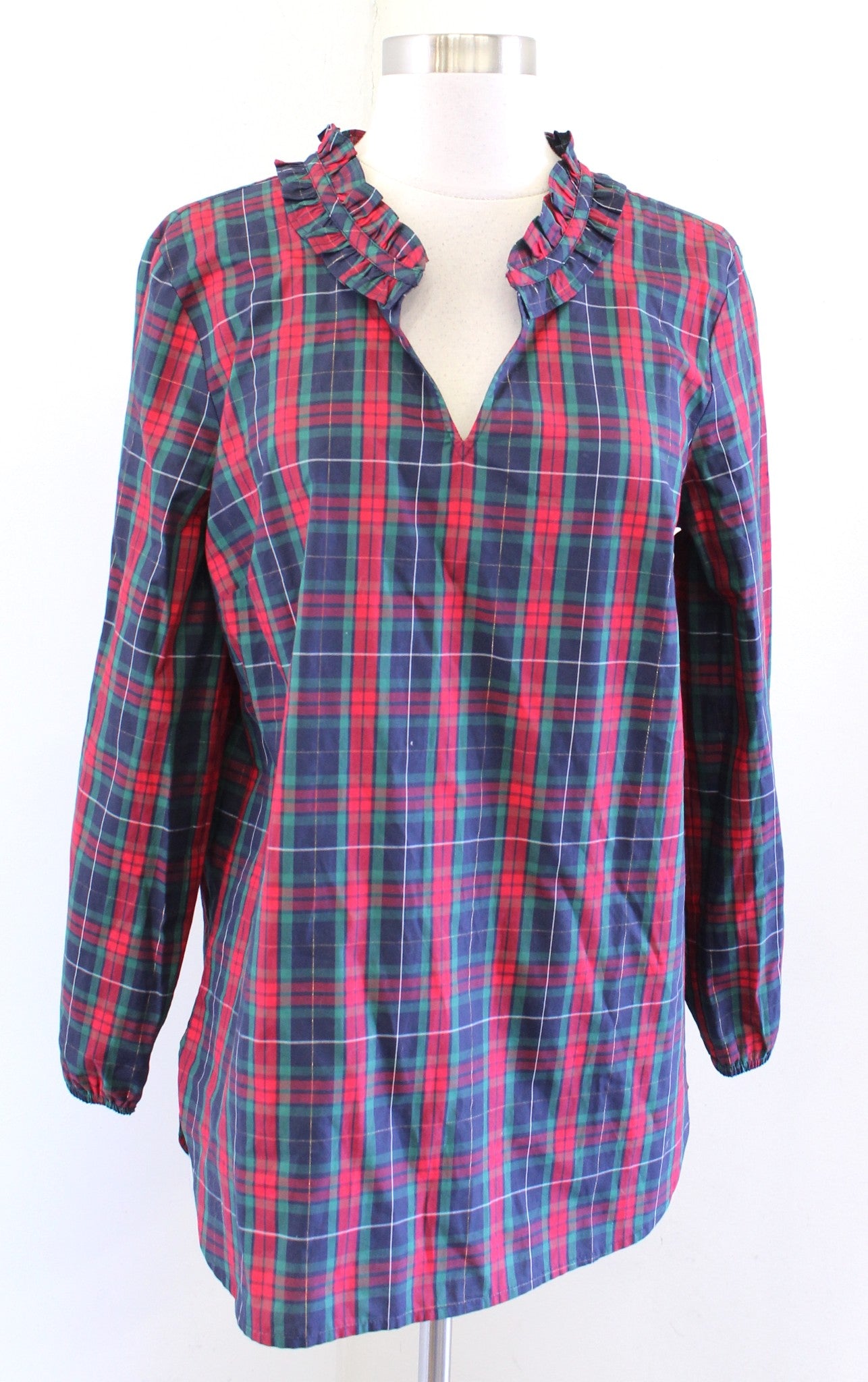 NWT Talbots Ruffle Neck Magic Plaid Tunic Top Blouse Size M Red Green Gold