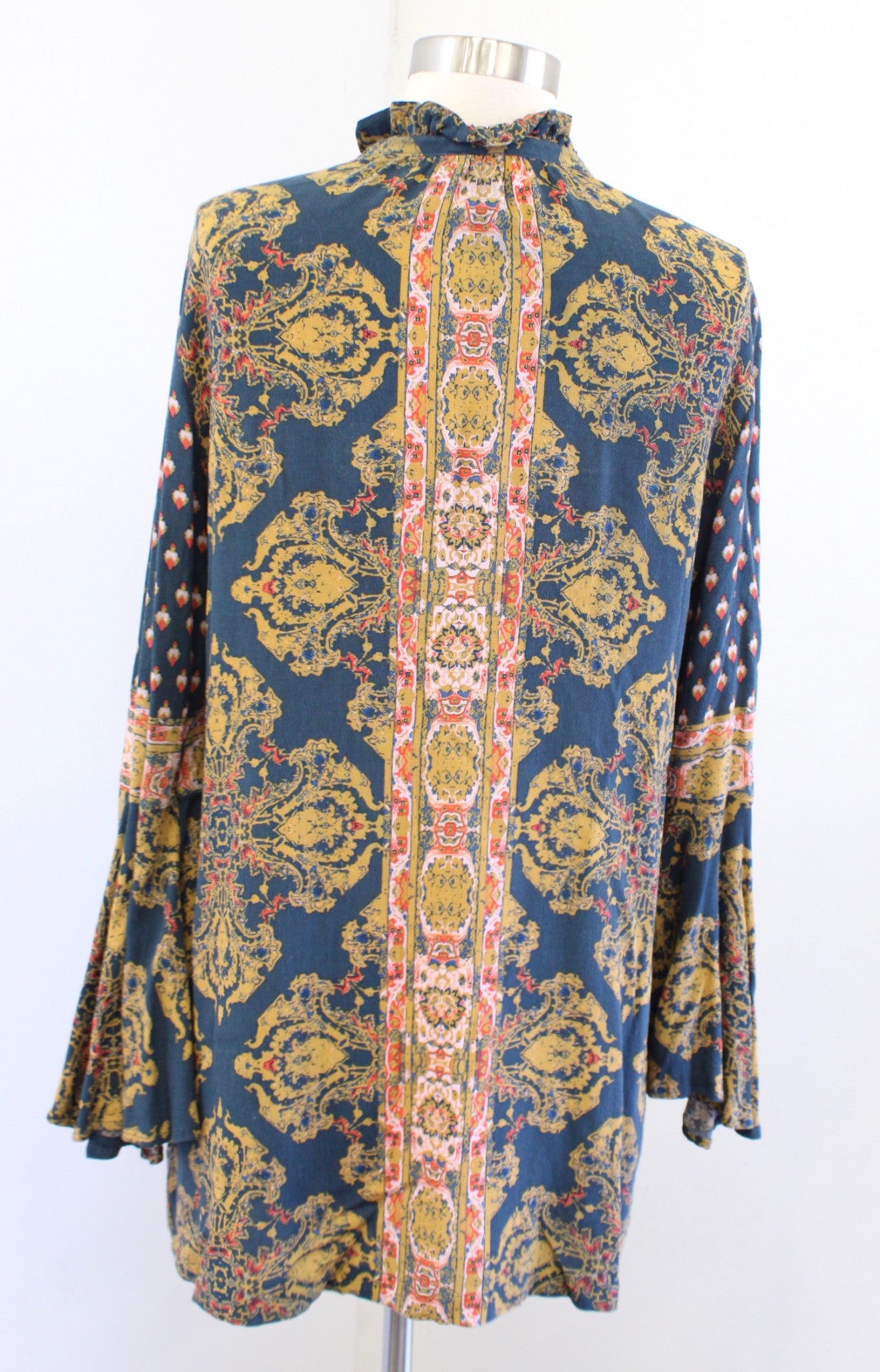 Free People Magic Mystery Printed Bell Sleeve Tunic Top Blouse Size S Teal Blue Long Sleeve
