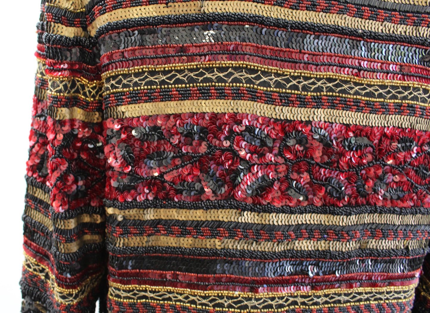 Vtg Adrianna Papell Black Red Gold Silk Beaded Sequin Evening Party Jacket PM MP