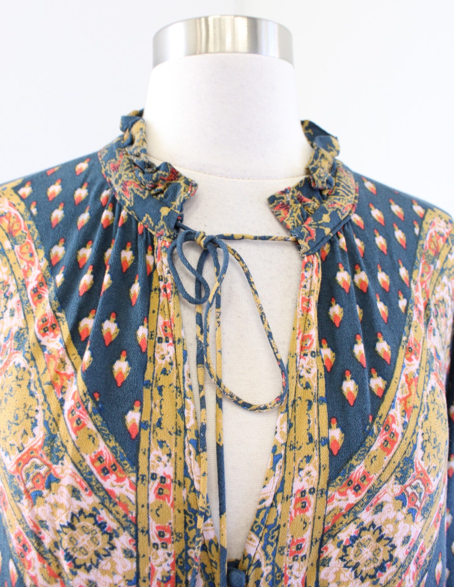 Free People Magic Mystery Printed Bell Sleeve Tunic Top Blouse Size S Teal Blue Long Sleeve