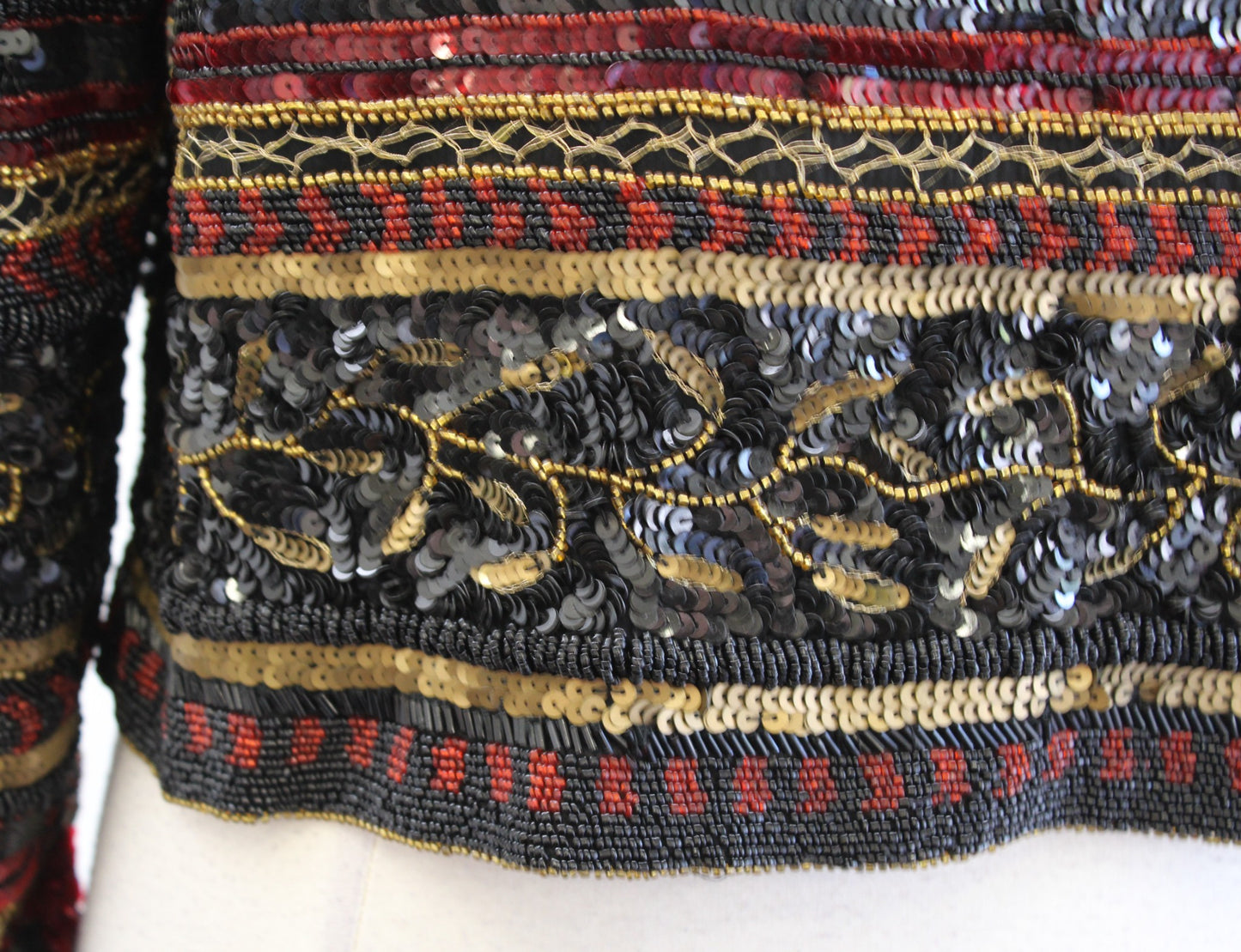 Vtg Adrianna Papell Black Red Gold Silk Beaded Sequin Evening Party Jacket PM MP