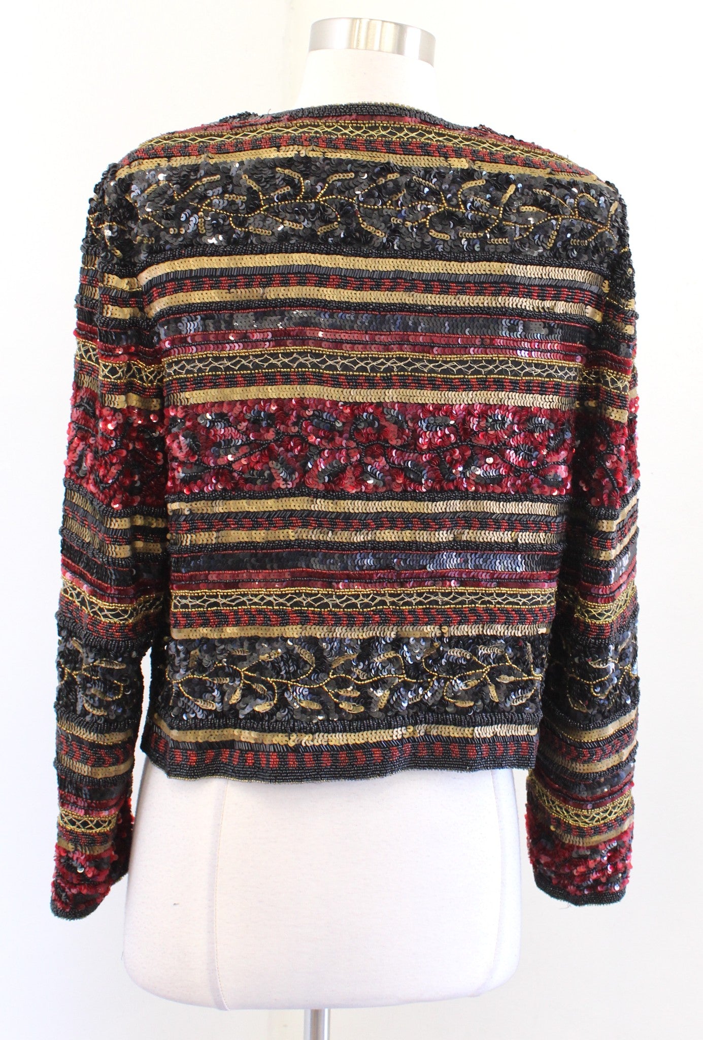 Vtg Adrianna Papell Black Red Gold Silk Beaded Sequin Evening Party Jacket PM MP