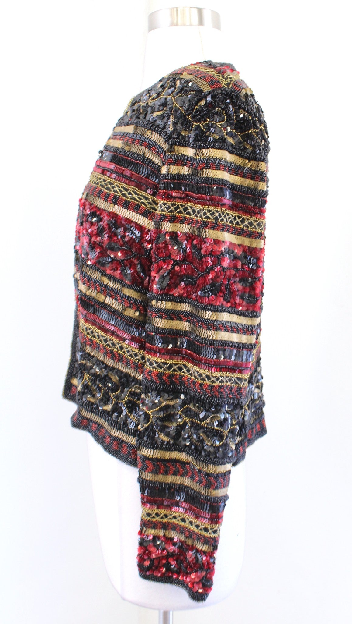 Vtg Adrianna Papell Black Red Gold Silk Beaded Sequin Evening Party Jacket PM MP