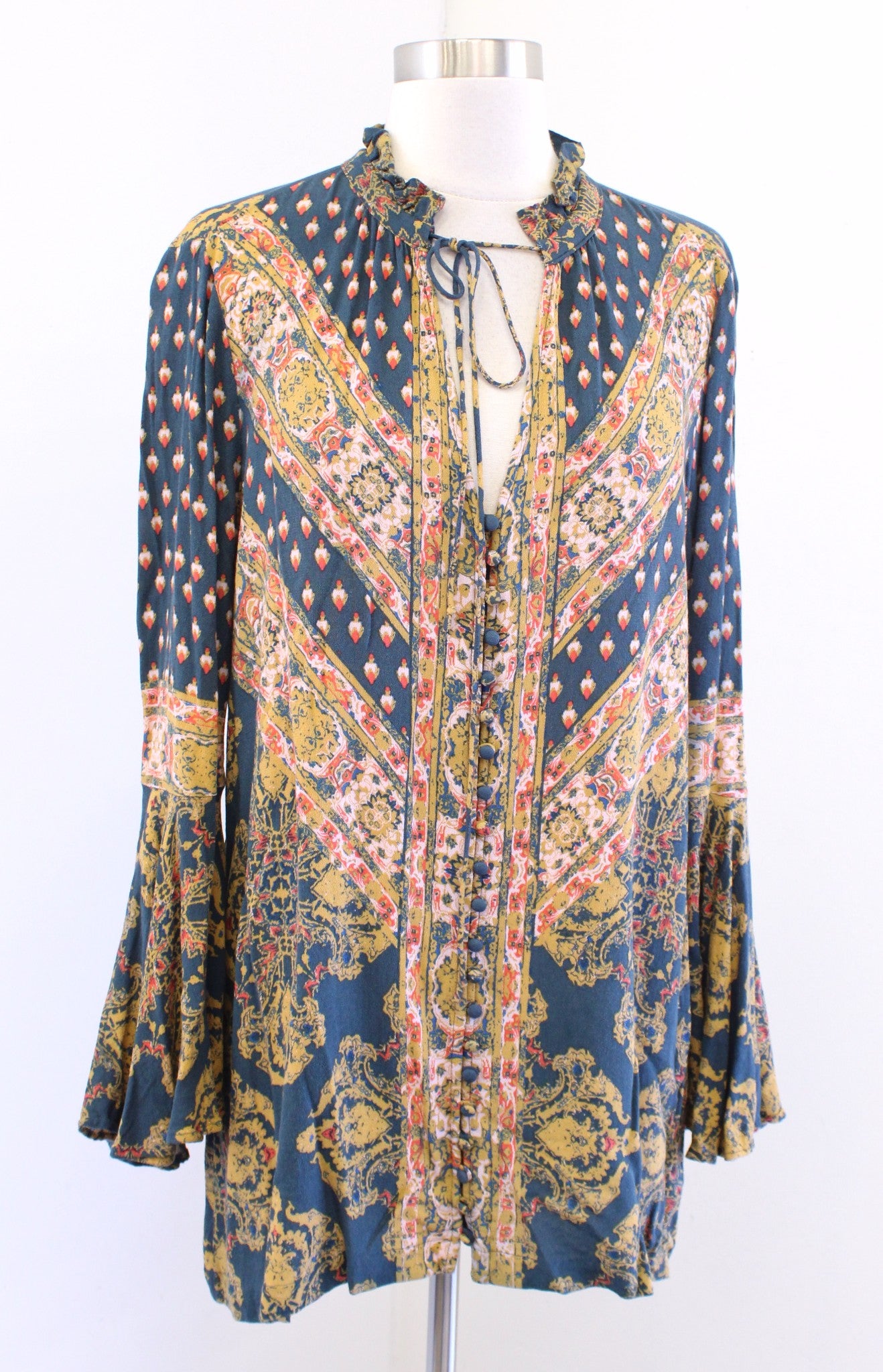 Free People Magic Mystery Printed Bell Sleeve Tunic Top Blouse Size S Teal Blue Long Sleeve