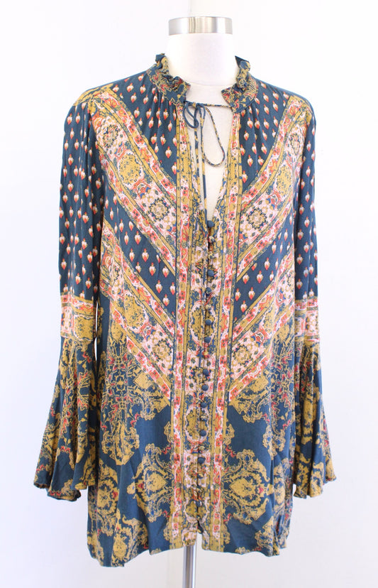 Free People Magic Mystery Printed Bell Sleeve Tunic Top Blouse Size S Teal Blue