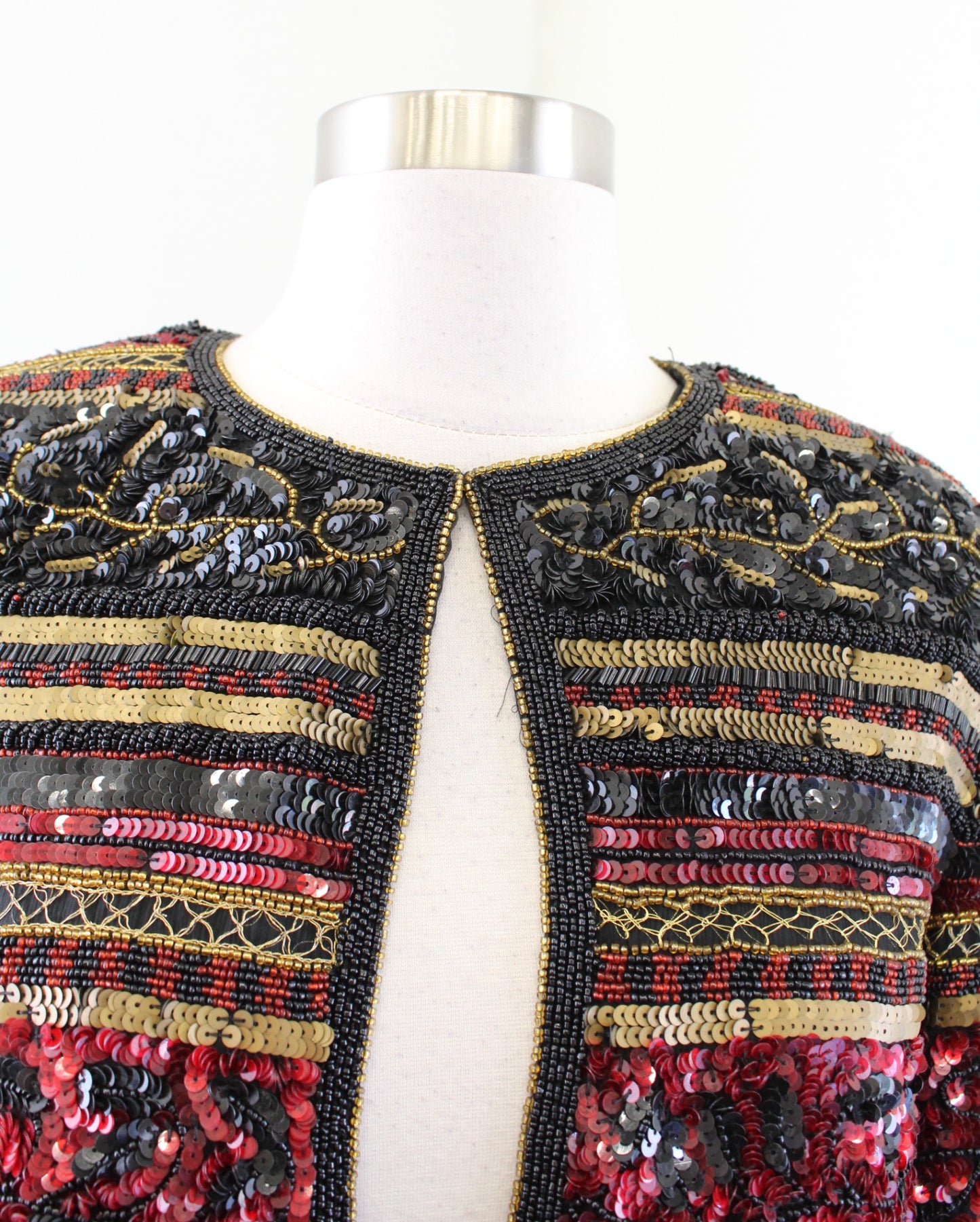 Vtg Adrianna Papell Black Red Gold Silk Beaded Sequin Evening Party Jacket PM MP