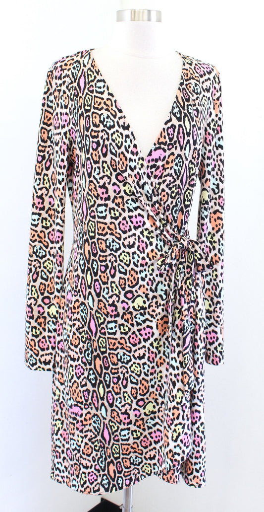 BCBG Max Azria Adele Colorful Leopard Print Long Sleeve Jersey Wrap Dress Size L