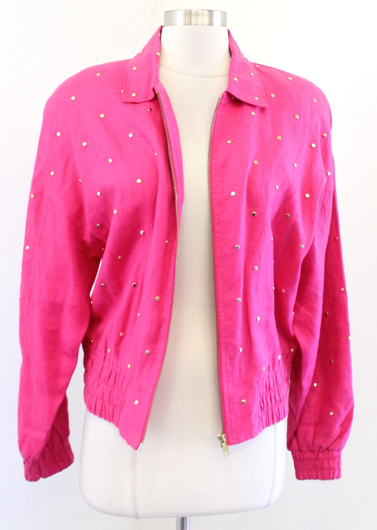 Vtg 90s Hot Pink Gold Studded Embellished Linen Zip Front Jacket Size 4 Retro