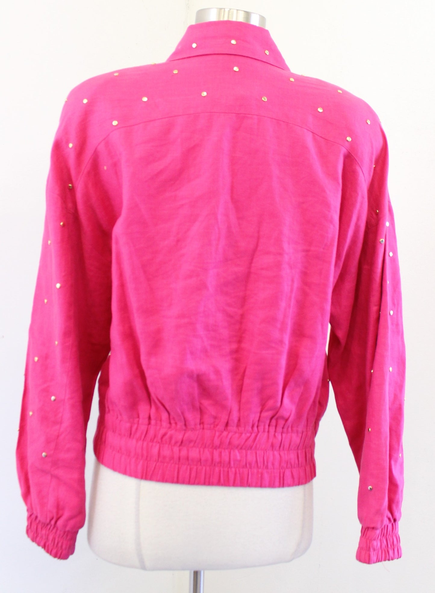 Vtg 90s Hot Pink Gold Studded Embellished Linen Zip Front Jacket Size 4 Retro