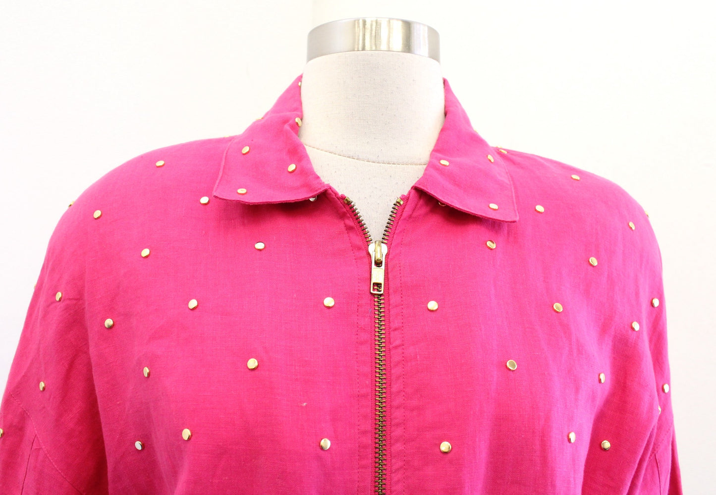Vtg 90s Hot Pink Gold Studded Embellished Linen Zip Front Jacket Size 4 Retro