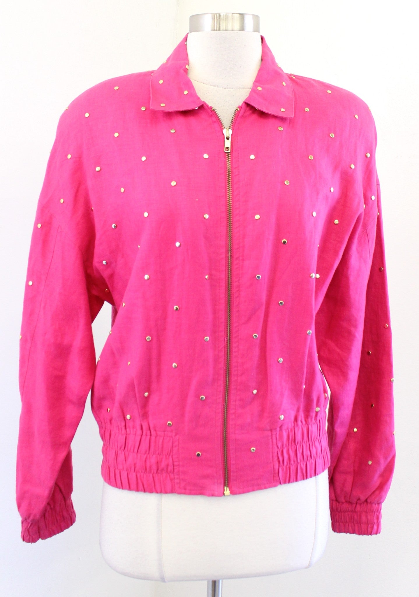Vtg 90s Hot Pink Gold Studded Embellished Linen Zip Front Jacket Size 4 Retro
