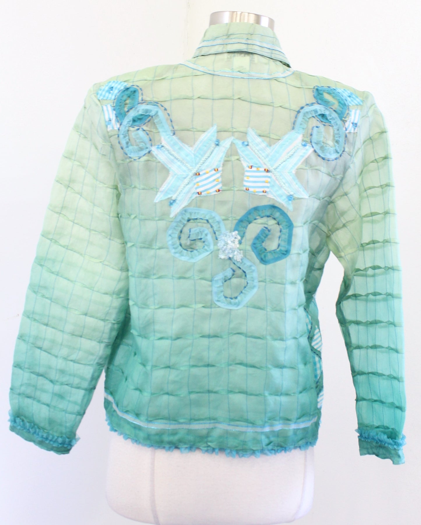 Sandy Sandy Starkman Green Blue Ombre Patchwork Textured Silk Jacket Size S Boho