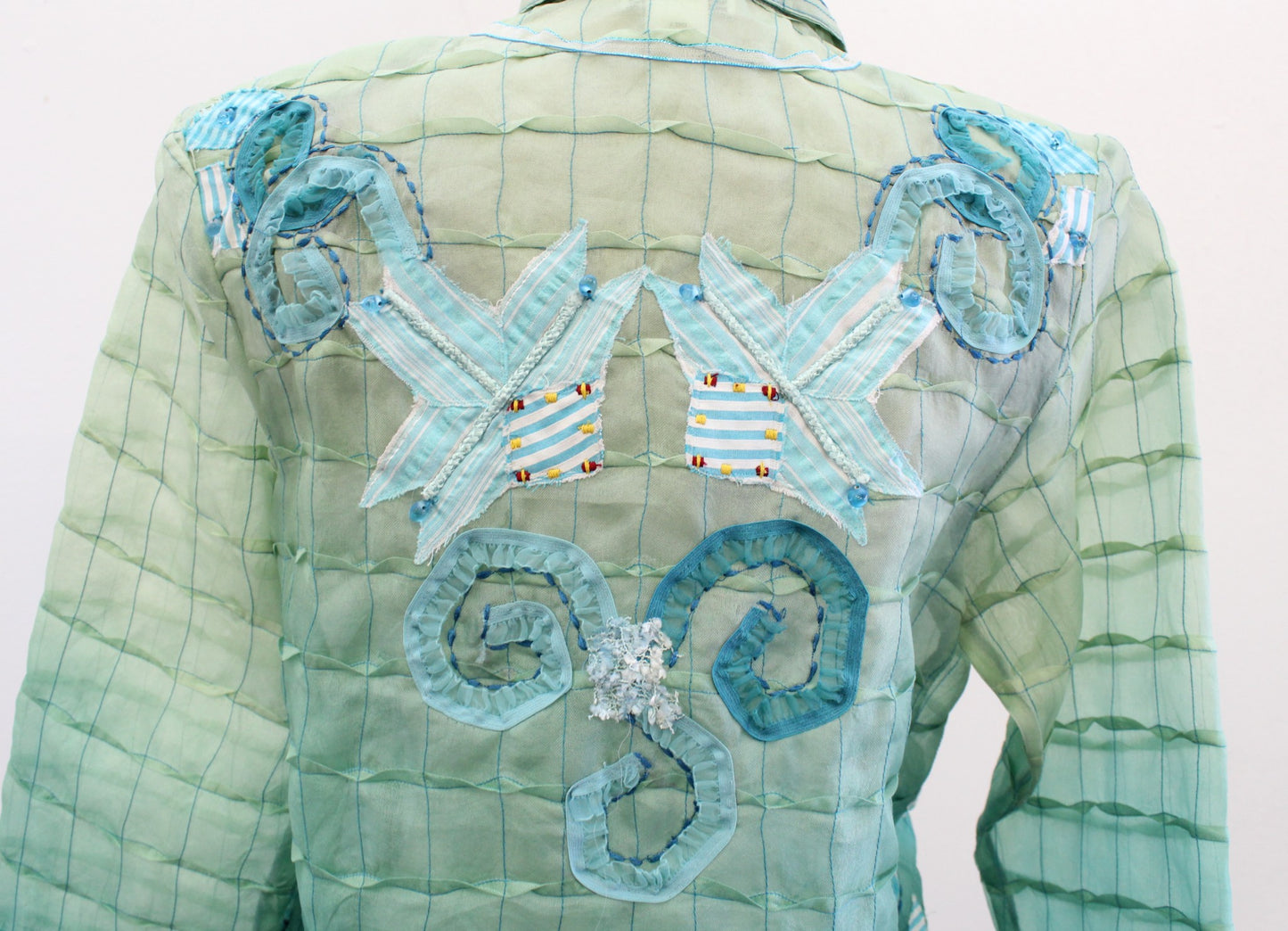 Sandy Sandy Starkman Green Blue Ombre Patchwork Textured Silk Jacket Size S Boho