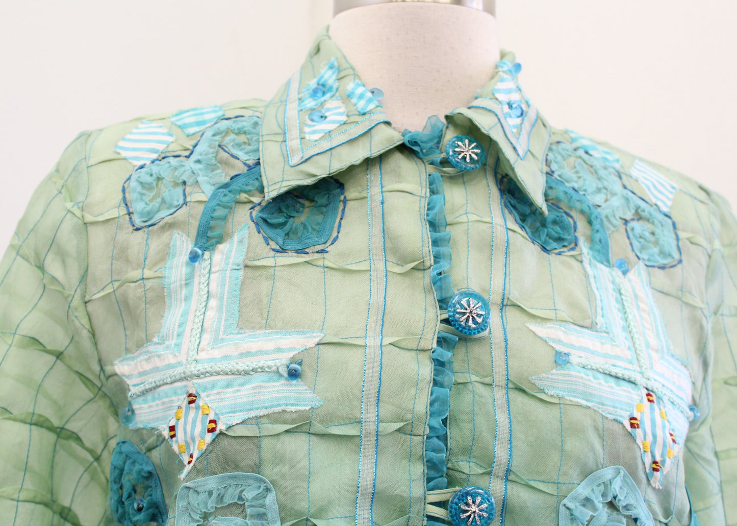 Sandy Sandy Starkman Green Blue Ombre Patchwork Textured Silk Jacket Size S Boho