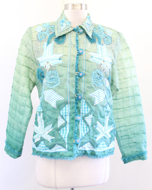 Sandy Sandy Starkman Green Blue Ombre Patchwork Textured Silk Jacket Size S Boho
