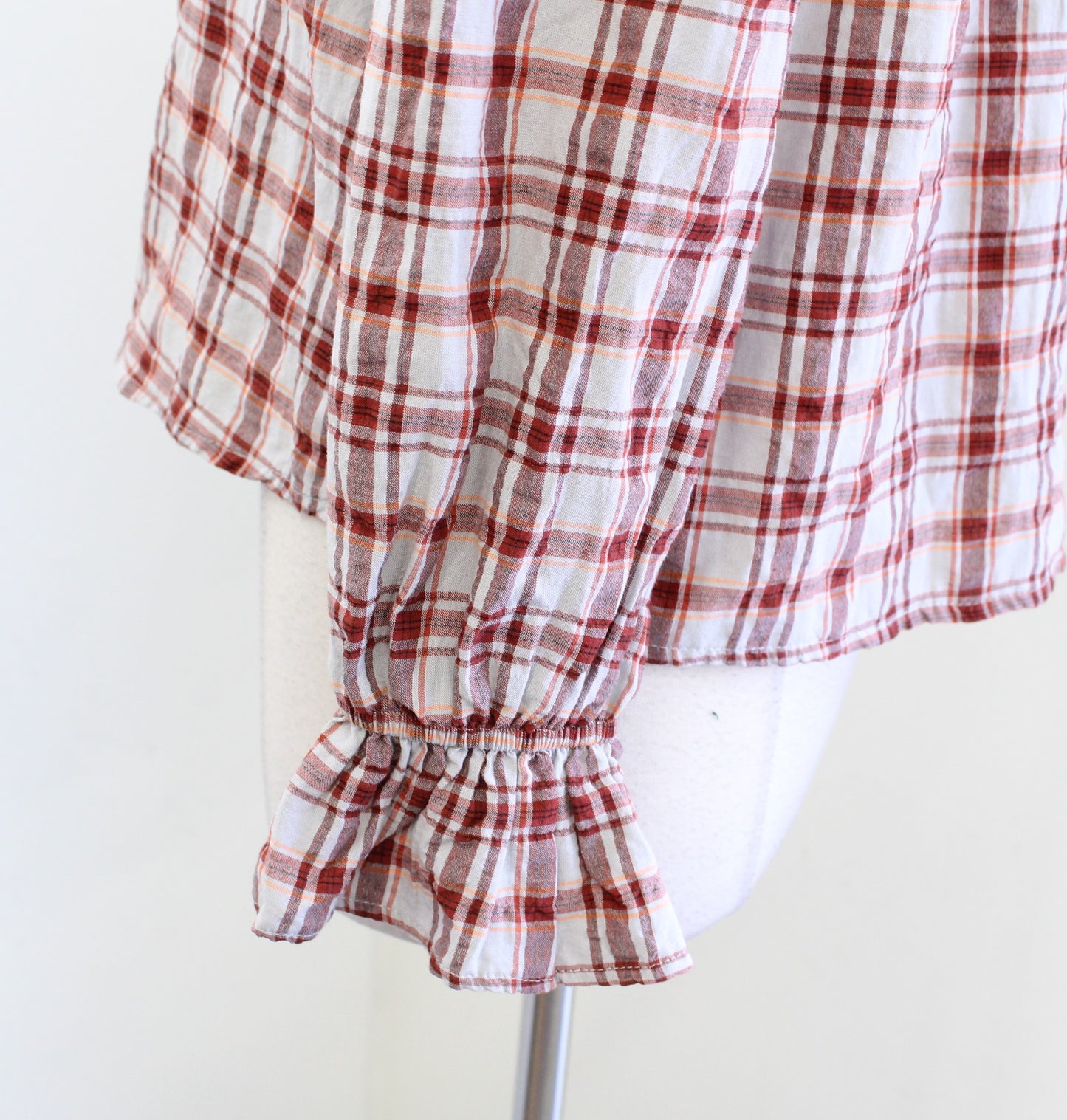 Maeve Anthropologie Plaid Ruffle Button Front Tie Neck Top Blouse Size XS Red