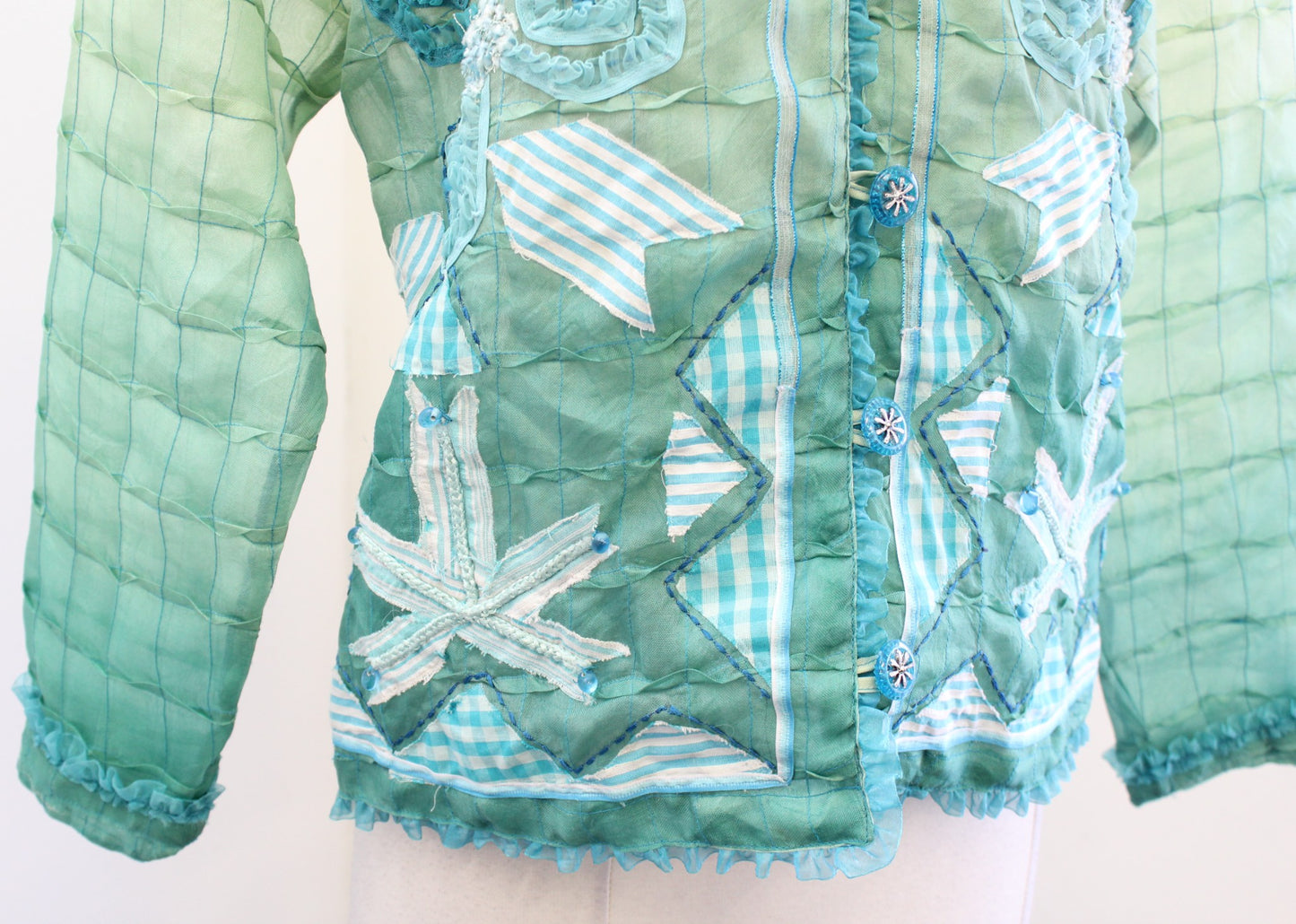 Sandy Sandy Starkman Green Blue Ombre Patchwork Textured Silk Jacket Size S Boho